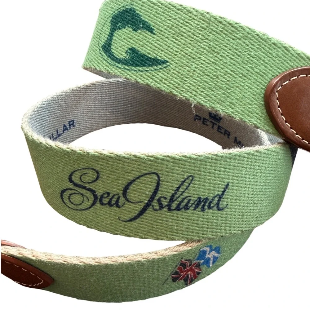 Peter Millar Sea Island Ocean Forest Needlepoint Leather Belt Mint Green Size 40